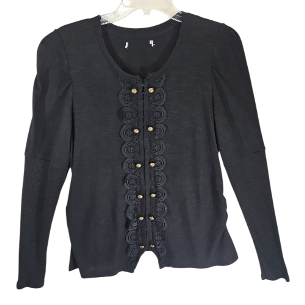 RXB Black Cardigan M Lace Trim Gold Buttons Long Sleeve Knit Sweater Women